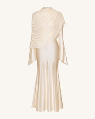 Sheer Shawl Ruched Bodycon Maxi Gown - Cream