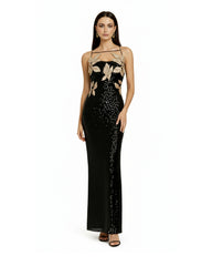 Araminta Sequined Gown with Floral Details - Black/Gold