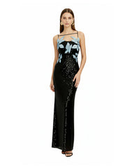Araminta Sequined Gown with Floral Details - Black/Blue