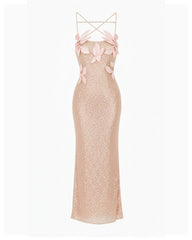 Araminta Sequined Gown with Floral Details - Blush Pink