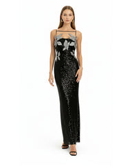 Araminta Sequined Gown with Floral Details - Black/Silver