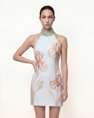 Jeweled Halter Iris Motif Dress - Light Blue/Pink