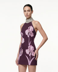 Jeweled Halter Iris Motif Dress - Deep Claret