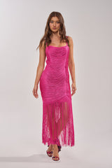 TAKE ME DANCING FRINGE MAXI DRESS IN FUSCHIA