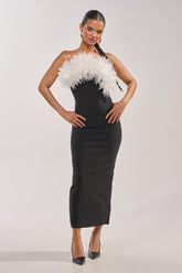 HEART ON MY SLEEVE BANDAGE MIDI DRESS IN BLACK