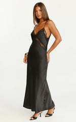 Christy Midi Dress - V Neck Lace Detail Slip Dress in Black