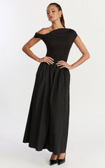 Jhamie Midi Dress - One Shoulder Contrast Skirt Dress in Black