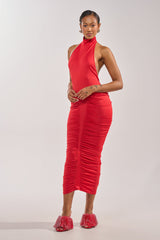 HIPS DON'T LIE RUCHED MAXI DRESS IN RED