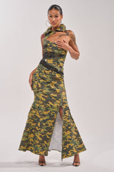FUSED TOGETHER MOCK NECK MAXI DRESS IN CAMO