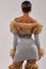 COMFY COZY FUR TRIM MINI DRESS IN GREY