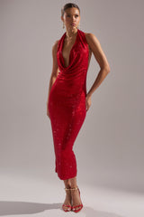 POPPIN' BOTTLES RHINESTONE MAXI DRESS IN RED