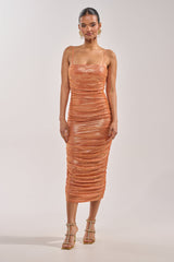 KILL THE LIGHTS STRAPLESS RHINESTONE MIDI DRESS IN PEACH BELLINI