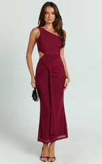 Mandy Midi Dress - Knot Detail Cut Out Mesh Dress in Wine