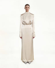 Structured shoulder design satin high-neck fitted midi dress - Cream