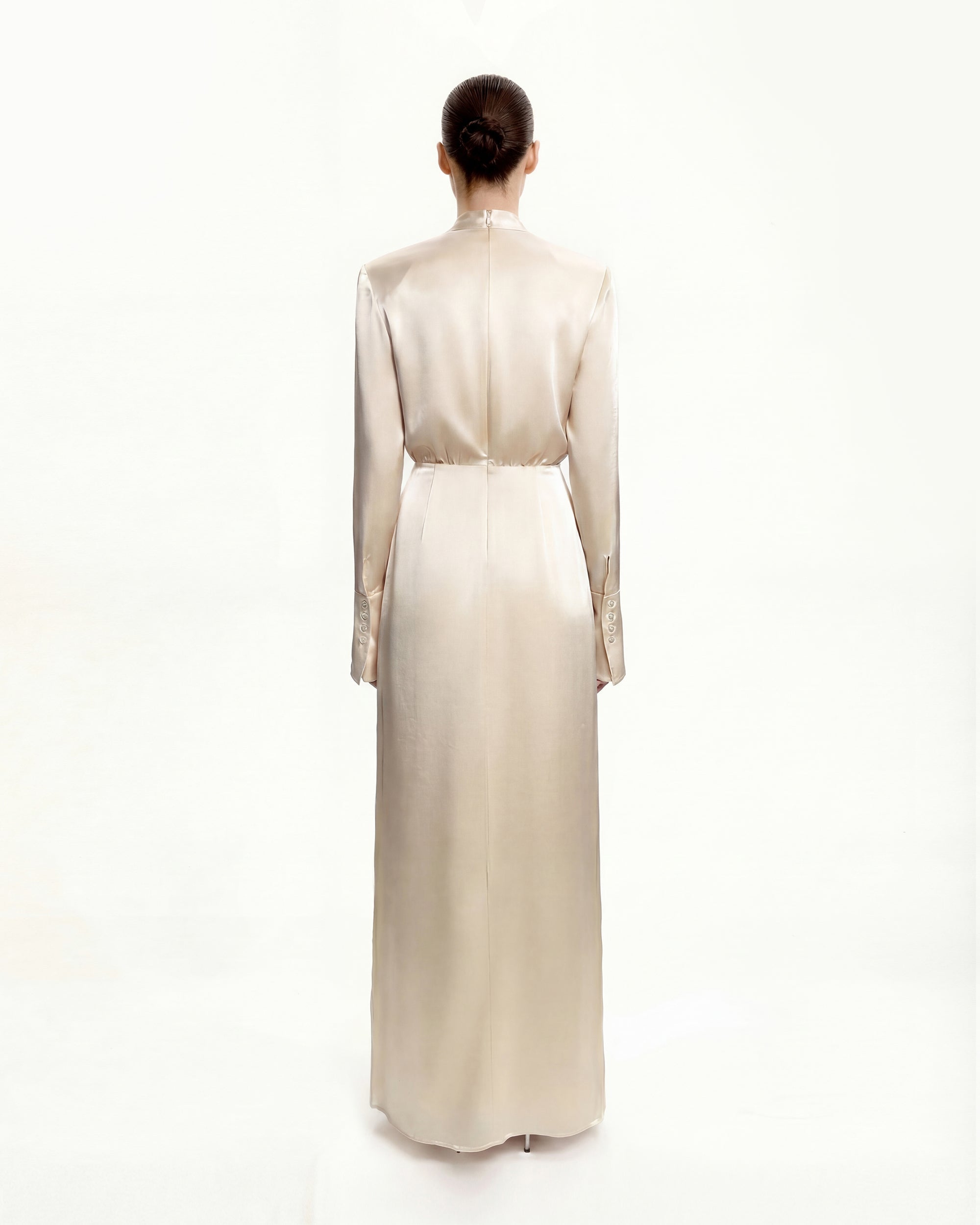 Structured shoulder design satin high-neck fitted midi dress - Cream
