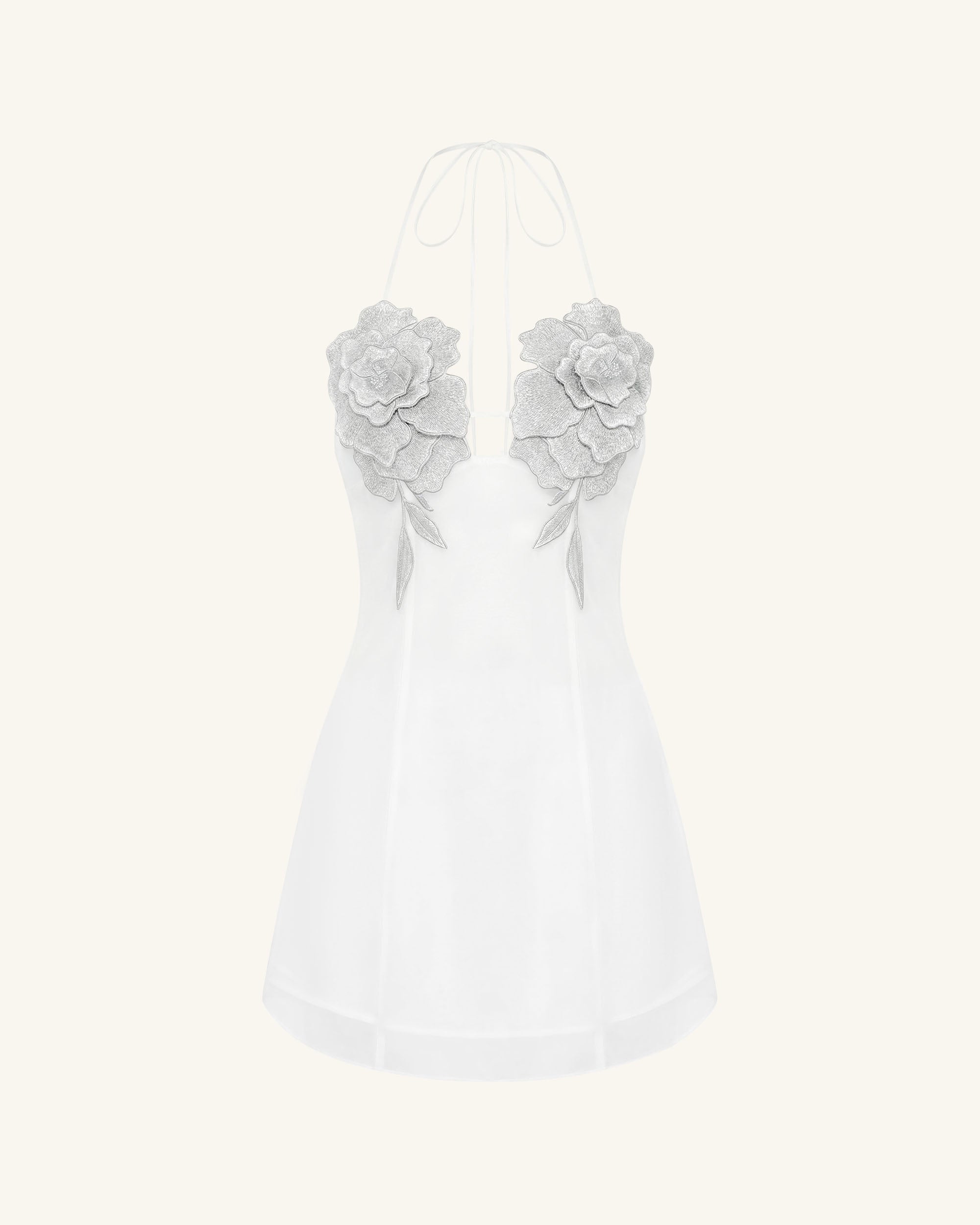 Flower Embroidered Mini Dress - White