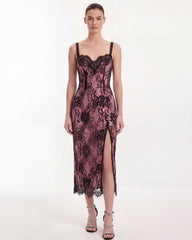 Lace Trim Slit Midi Dress - Pink Black
