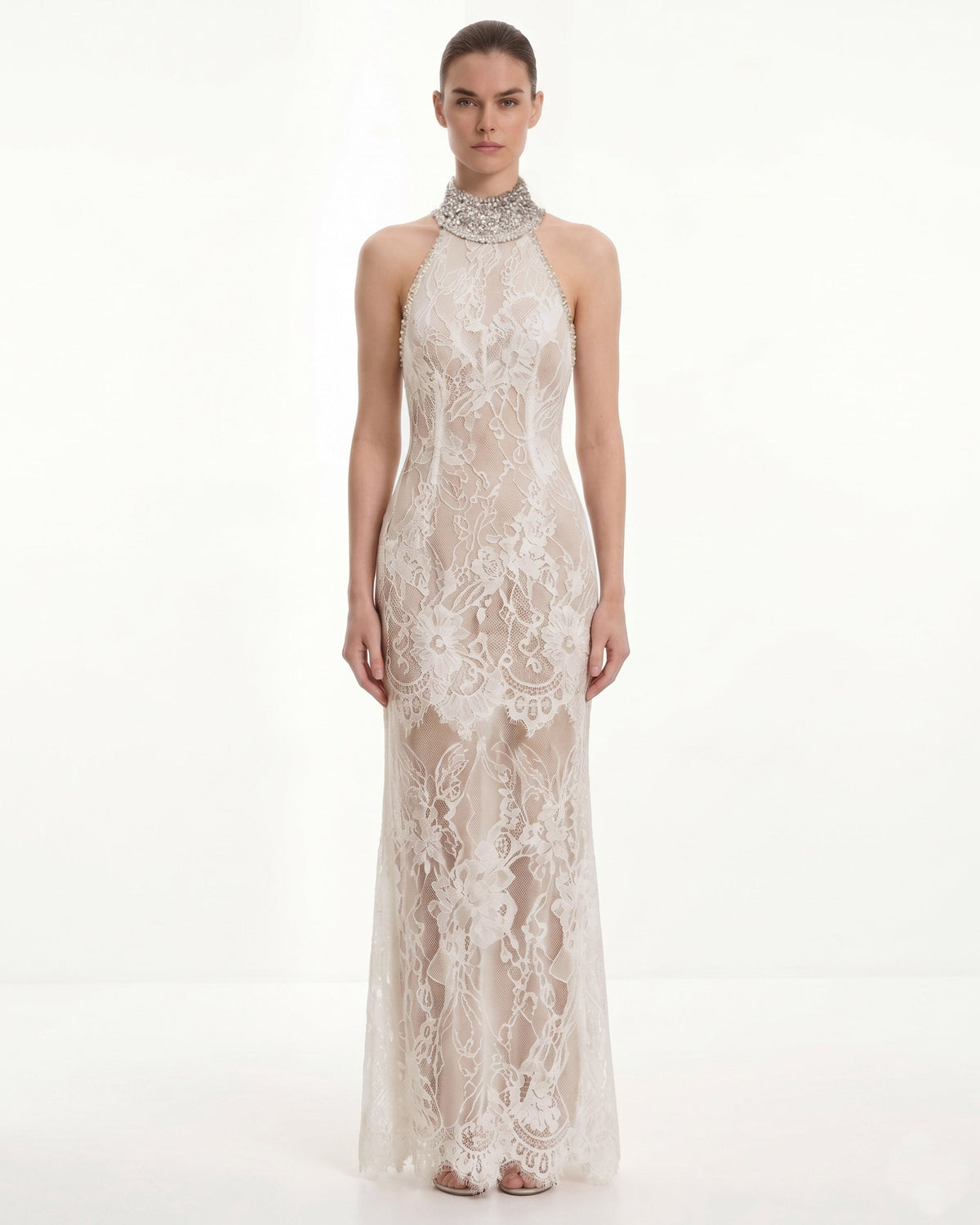 Jeweled Lace Halter Dress - White