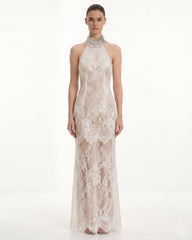 Jeweled Lace Halter Dress - White