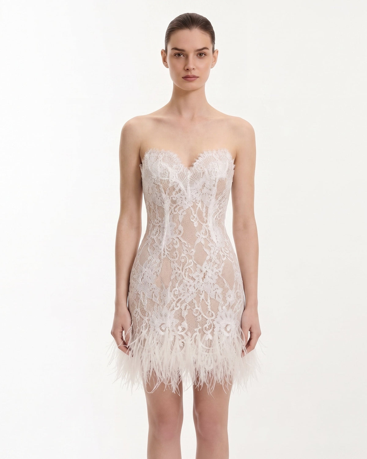 Strapless Lace Feather Trim Mini Dress - White