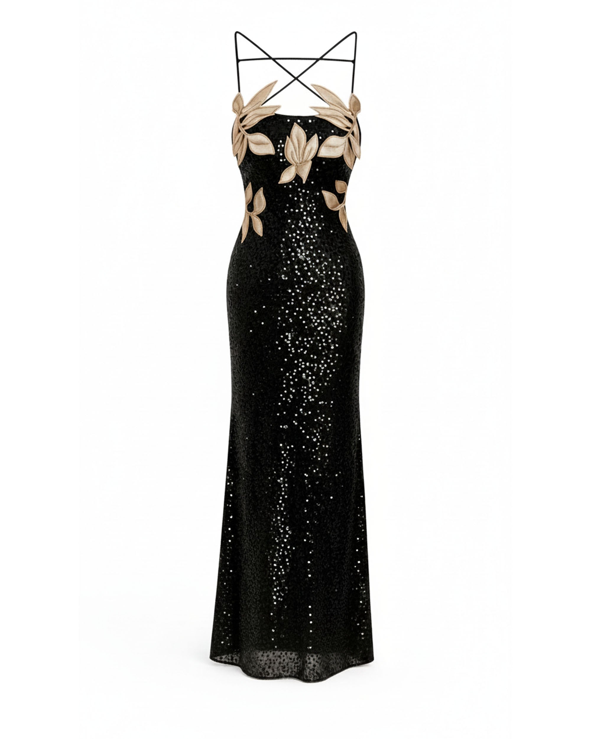 Araminta Sequined Gown with Floral Details - Black/Gold
