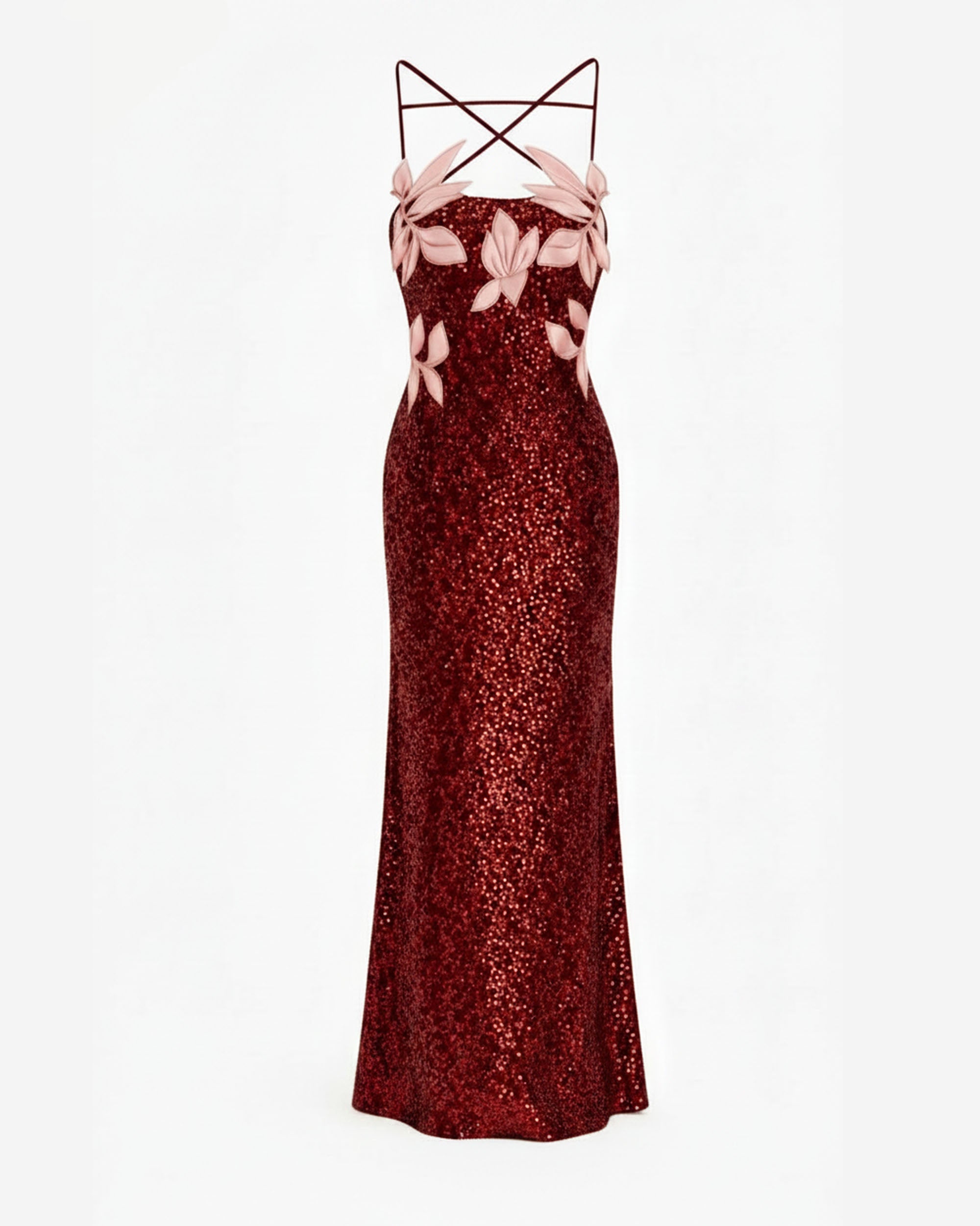 Araminta Sequined Gown with Floral Details - Red/Pink