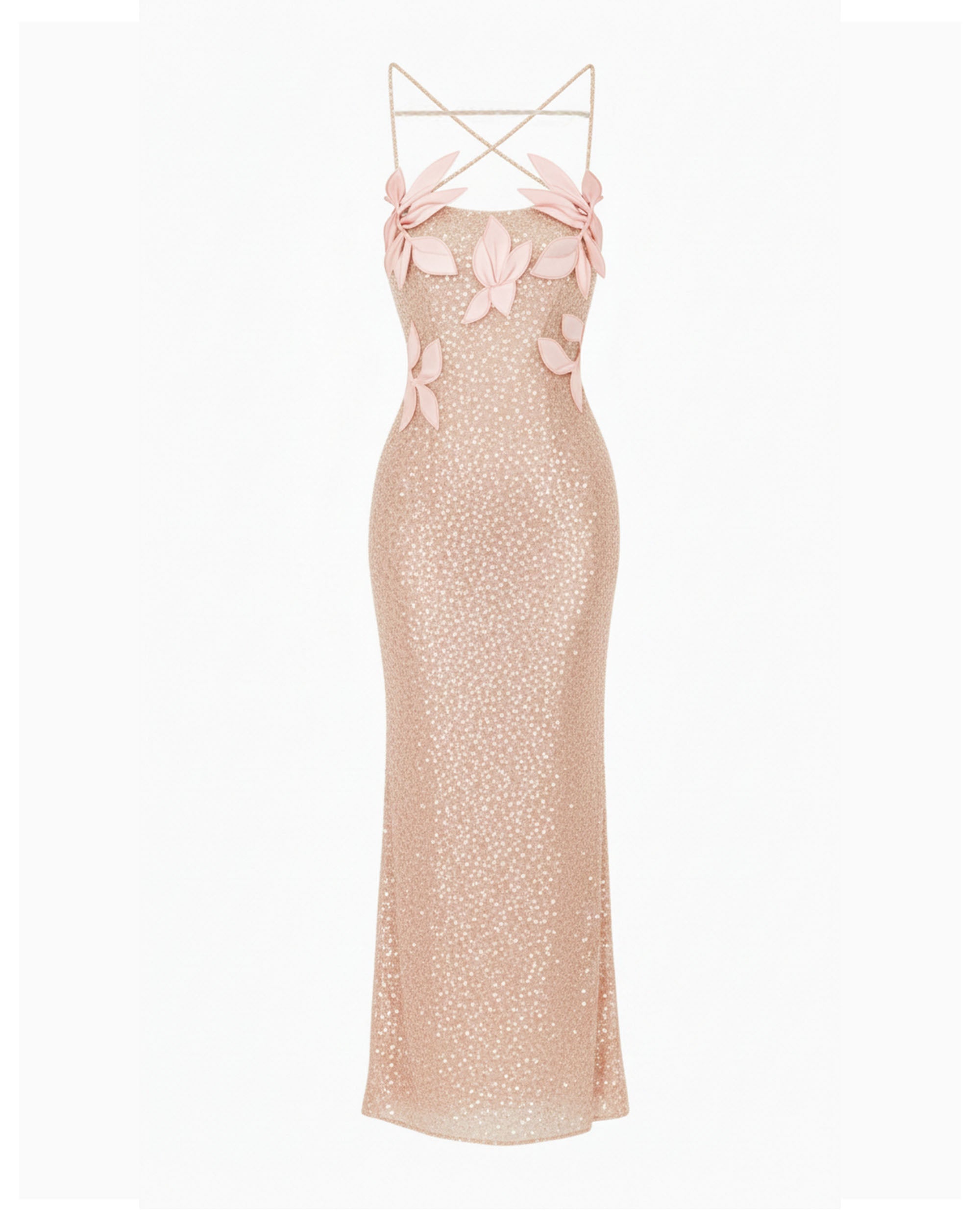 Araminta Sequined Gown with Floral Details - Blush Pink