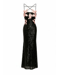 Araminta Sequined Gown with Floral Details - Black/Pink