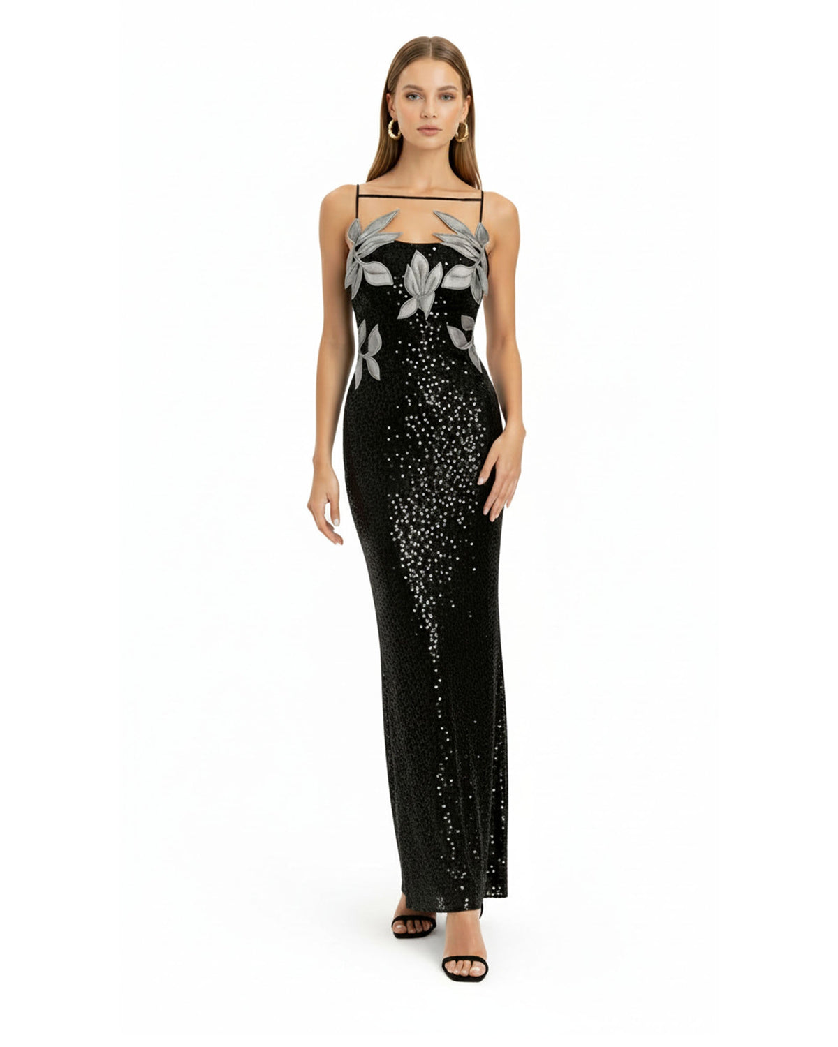 Araminta Sequined Gown with Floral Details - Black/Silver