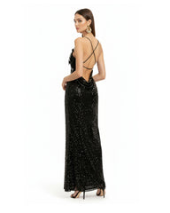 Araminta Sequined Gown with Floral Details - Black/Silver