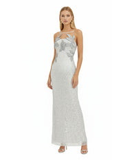 Araminta Sequined Gown with Floral Details - White/Silver