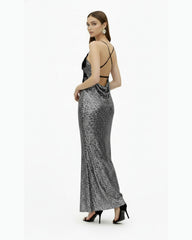 Araminta Sequined Gown with Floral Details - Silver/Black