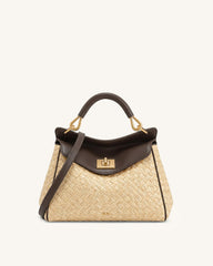 Lucia Classic Faux Straw Woven Top Handle Bag - Brown