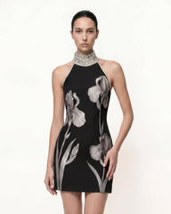 Jeweled Halter Iris Motif Dress - Black