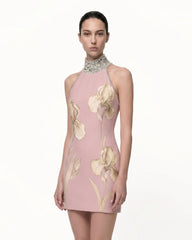 Jeweled Halter Iris Motif Dress - Pink/Champagne