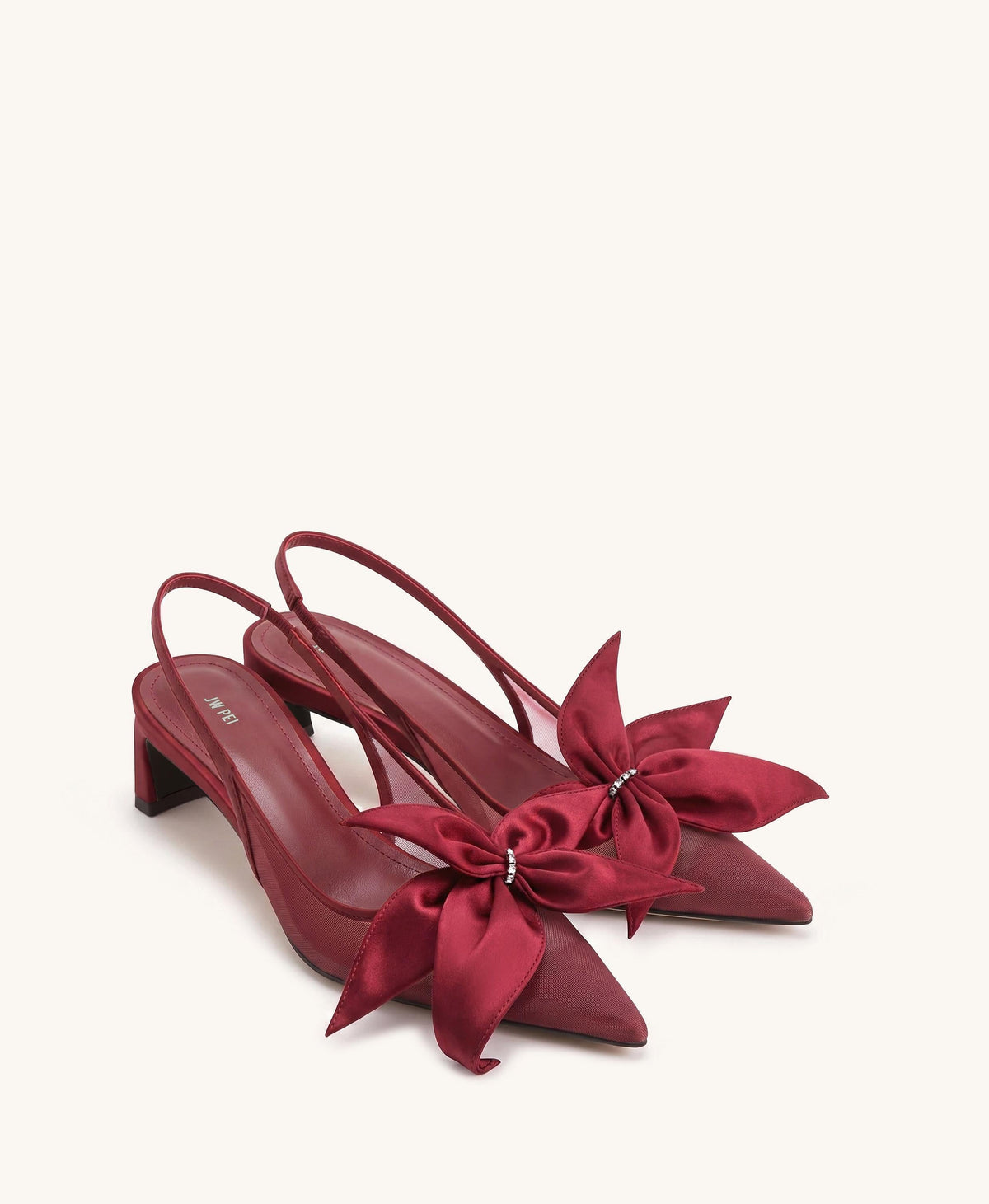 Queena Floral Appliques Slingback Pumps - Red