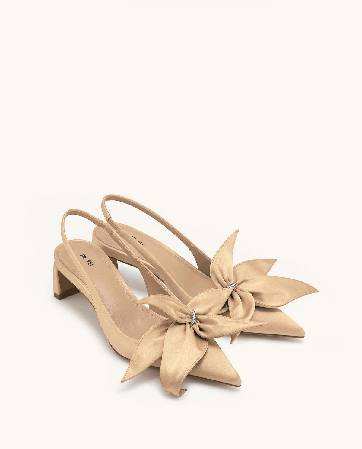 Queena Floral Appliques Slingback Pumps - Champagne