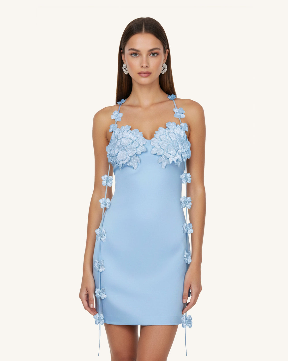 Floral Embellished Slip Mini Dress -Light Blue