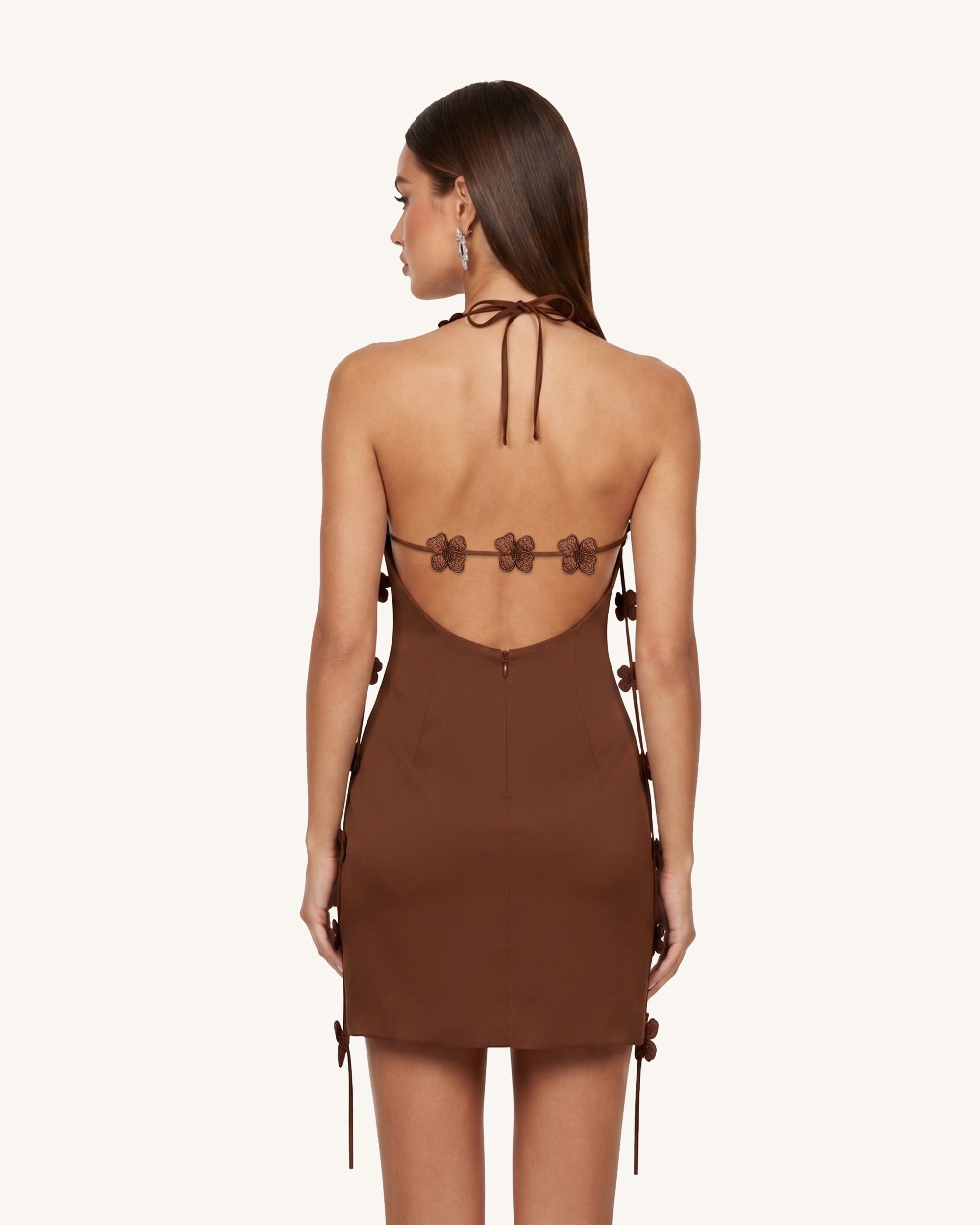 Floral Embellished Slip Mini Dress - Brown