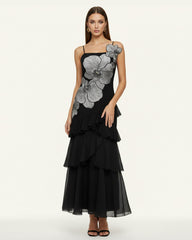 Orchid Embroidered Ruffled One-Shoulder Maxi Dress - Black