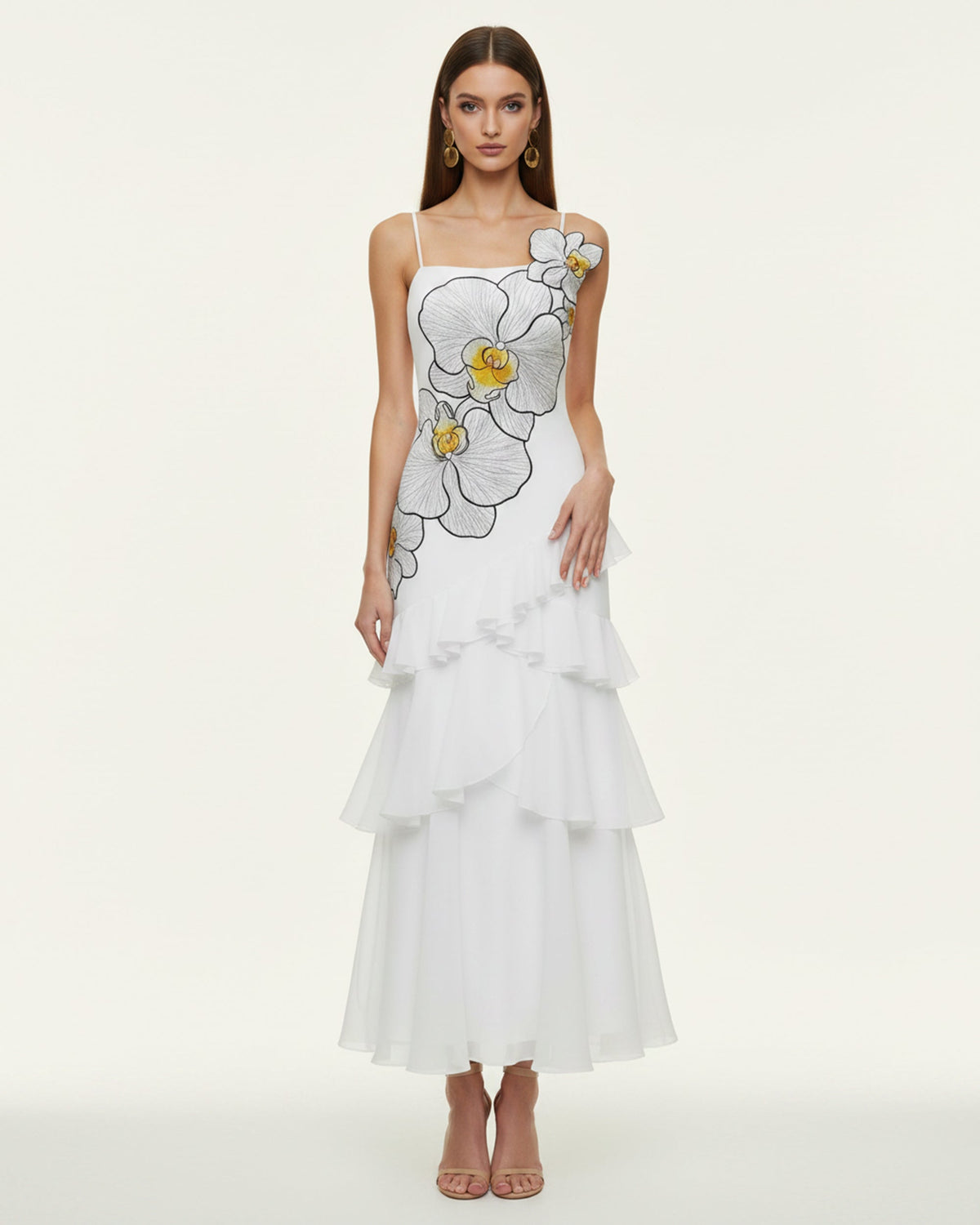 Orchid Embroidered Ruffled One-Shoulder Maxi Dress - White