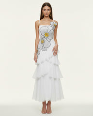 Orchid Embroidered Ruffled One-Shoulder Maxi Dress - White