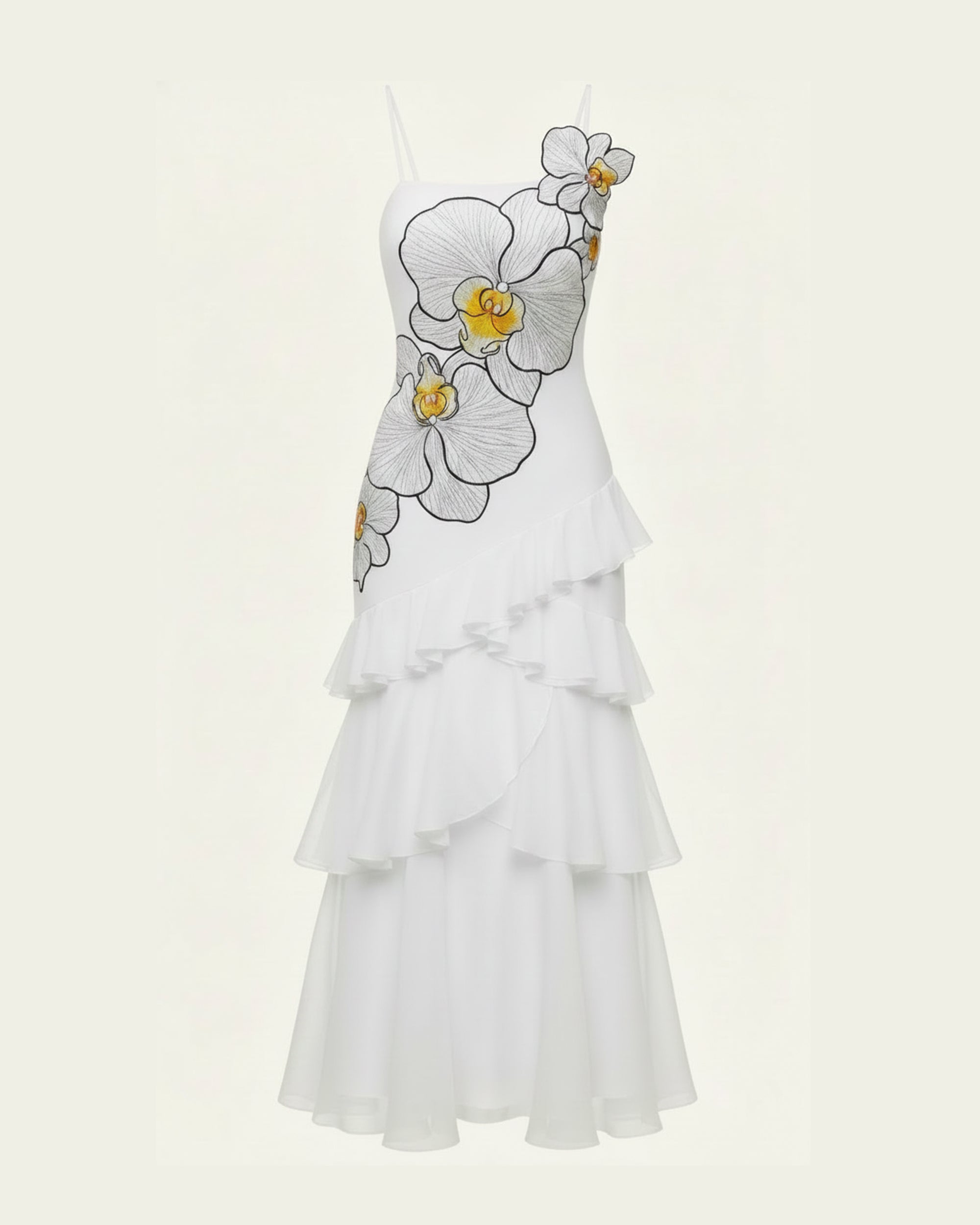 Orchid Embroidered Ruffled One-Shoulder Maxi Dress - White