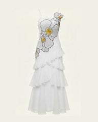 Orchid Embroidered Ruffled One-Shoulder Maxi Dress - White