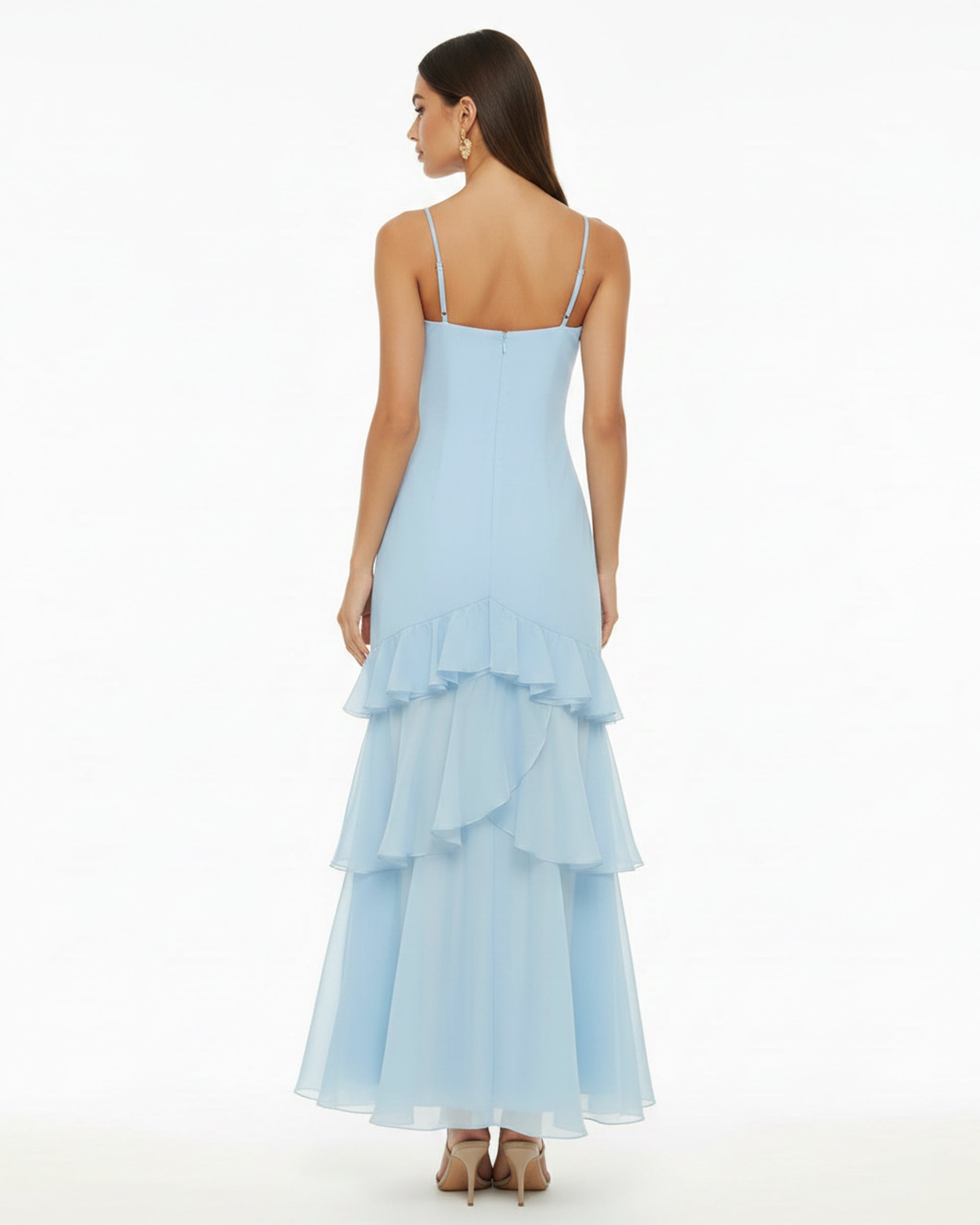 Orchid Embroidered Ruffled One-Shoulder Maxi Dress - Light Blue