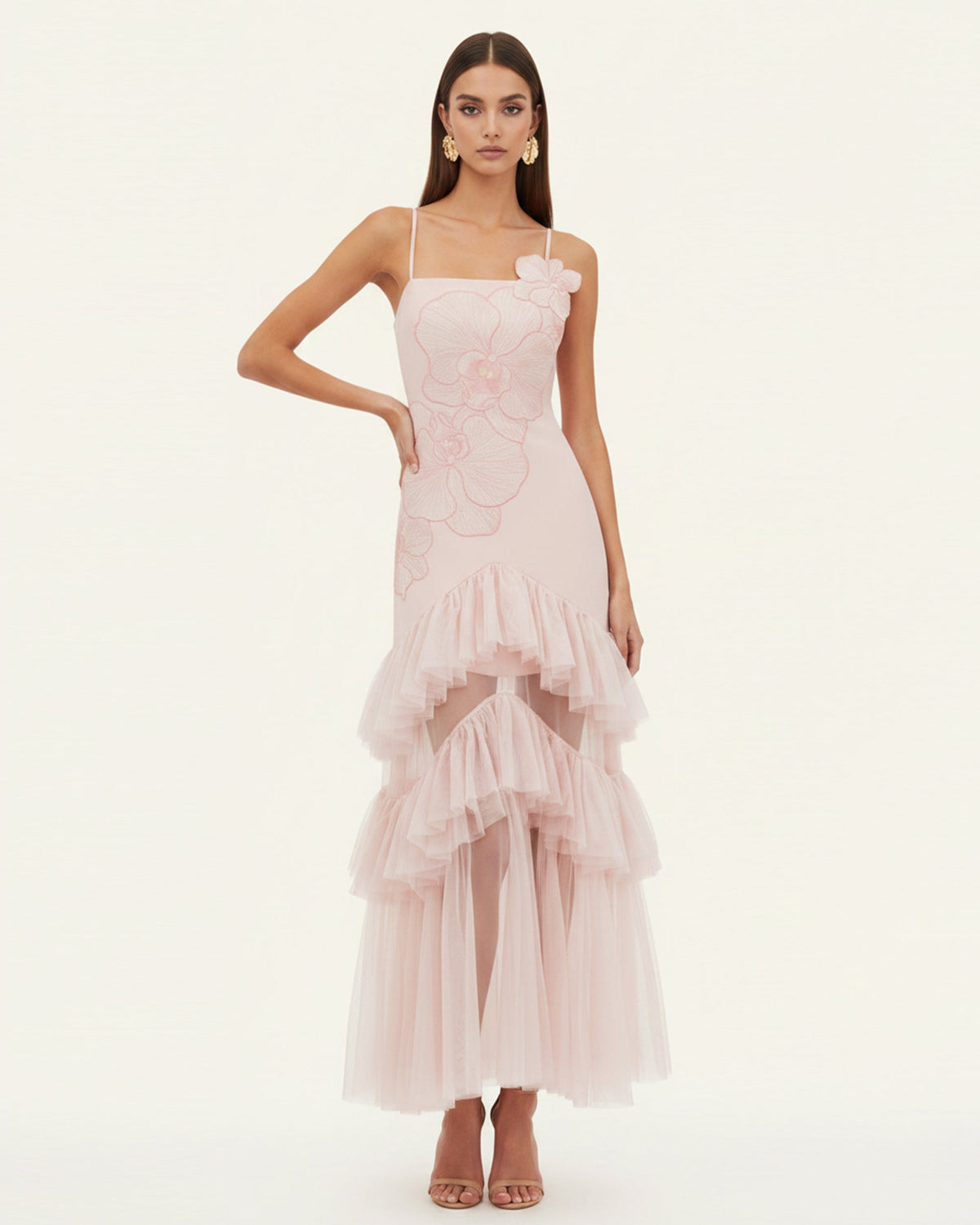 Orchid Embroidered Ruffled Tulle Strapless Maxi Dress - Blush Pink