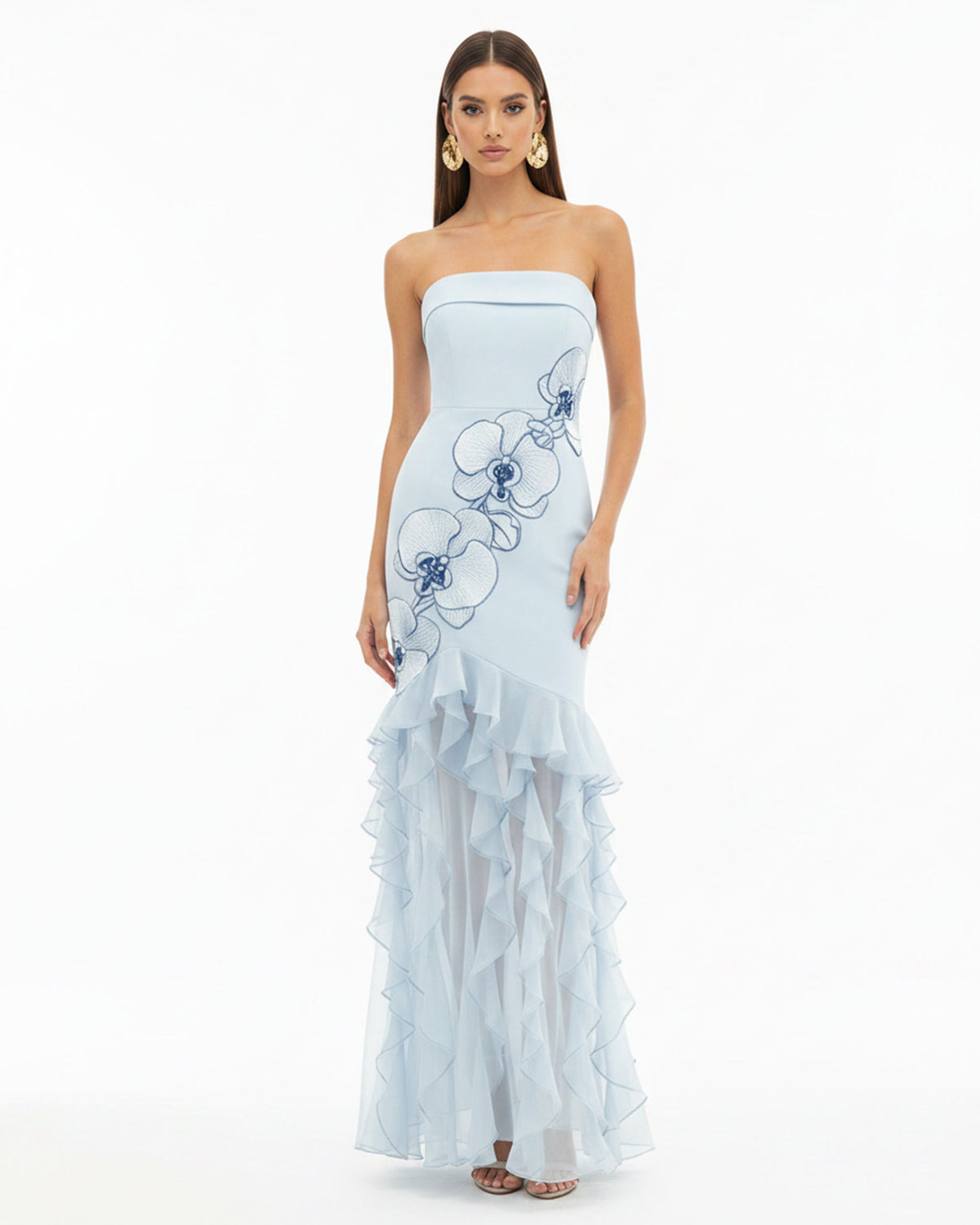 Orchid Embroidered Ruffled Strapless Maxi Dress - Light Blue