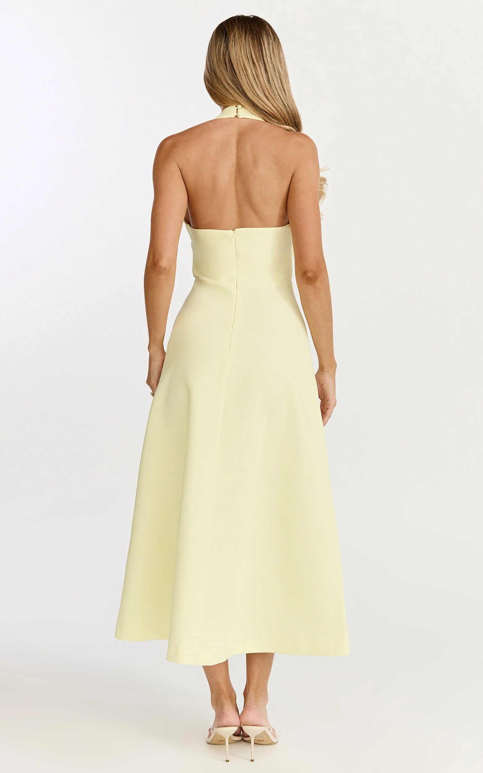 Leilani Midi Dress - Plunge Neck Hardware Fit and Flare Dress in Lemon