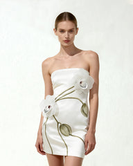 Orchid Appliqué Strapless Dress - White