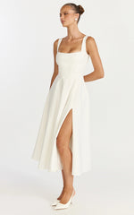 Bernie Midi Dress - Square Neck Strapped Full Circle Skirt Dress in White